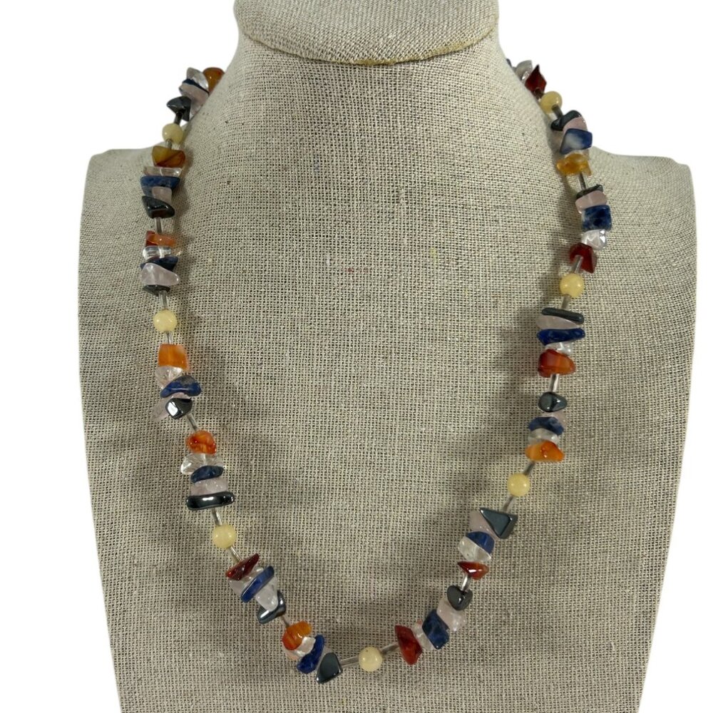 Multi Color Chippy Stone Necklace 17" Natural Beaded Earthy Artisan Eclectic